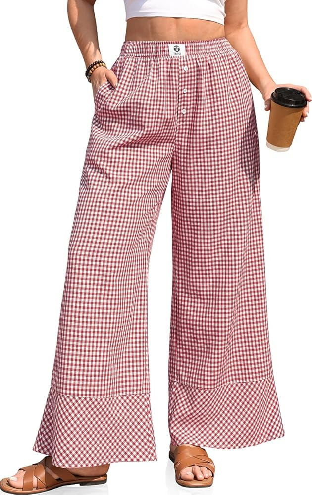 TARSE Womens Gingham Striped Linen Pants Wide Leg Casual Cute Pajama Lounge Bottoms Plaid Trouser... | Amazon (US)
