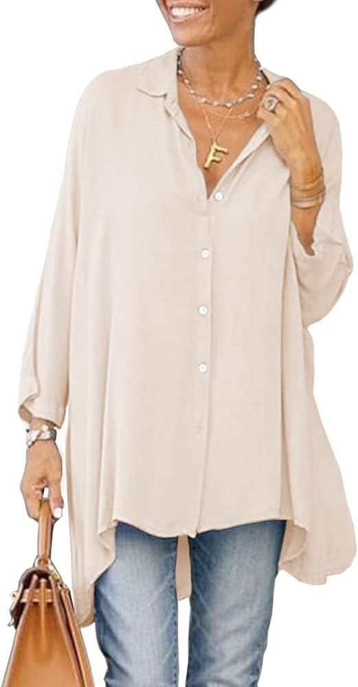 Aoysky Womens Oversized T Shirts Button Down Long Sleeve Shirt V Neck Collar Loose Flowy Blouse | Amazon (US)