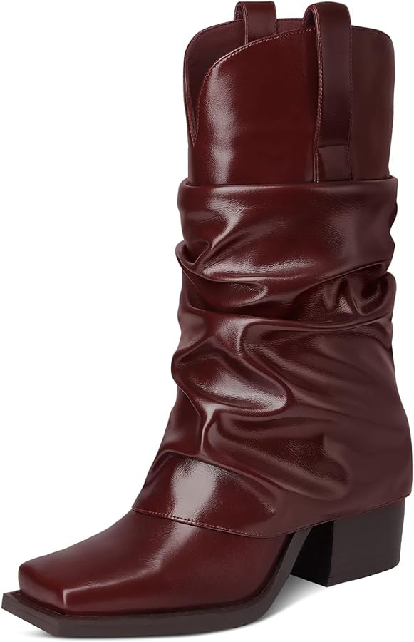Cowboy Boots for Women Cowgirl Boots Mid Calf Square Toe Fold Over Chunky Heel Slouchy Suede Boot... | Amazon (US)