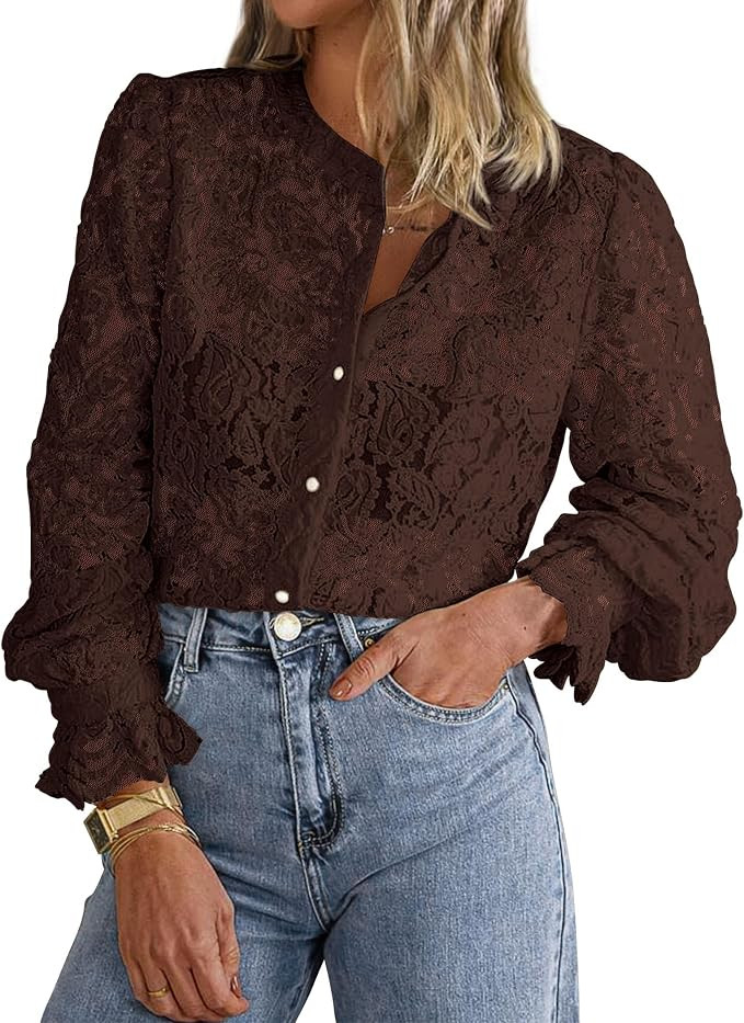 PRETTYGARDEN Women's Dressy Casual Lace Blouse Long Sleeve Button Up Shirts Tops Spring Fall Fash... | Amazon (US)