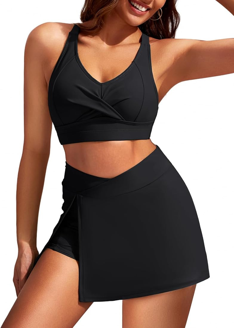 Kate Kasin Women's High Waisted Bikini Sets Sporty Twist Front Swimsuit Skirted Tummy Control Bat... | Amazon (US)