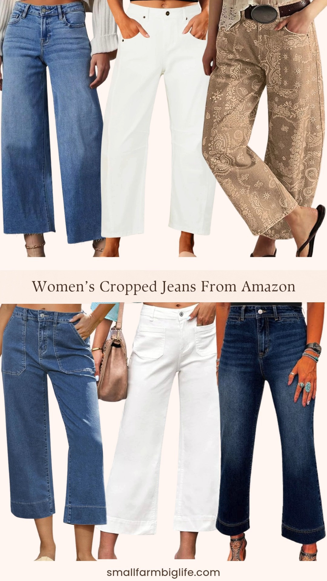 Cropped jeans from Amazon and these are the spring and summer denim styles worth adding to your wardrobe right now 🌿✨ Khaki floral print boyfriend baggy barrel jeans, blue high waisted straight ankle wide leg raw hem jeans, white cropped barrel jeans, blue capri jeans, white cropped wide leg jeans, and blue cropped wide leg high waisted stretch denim. So many different silhouettes and washes in this round up from barrel leg and wide leg to capri and straight ankle and every single one is from Amazon at such an amazing price point. Cropped jeans are one of the most versatile wardrobe investments you can make for spring and summer and these Amazon finds make it so easy to find your perfect pair. Everything is linked! 🛒 

 #LTKgrwm #LTKootd #LTKOver40
