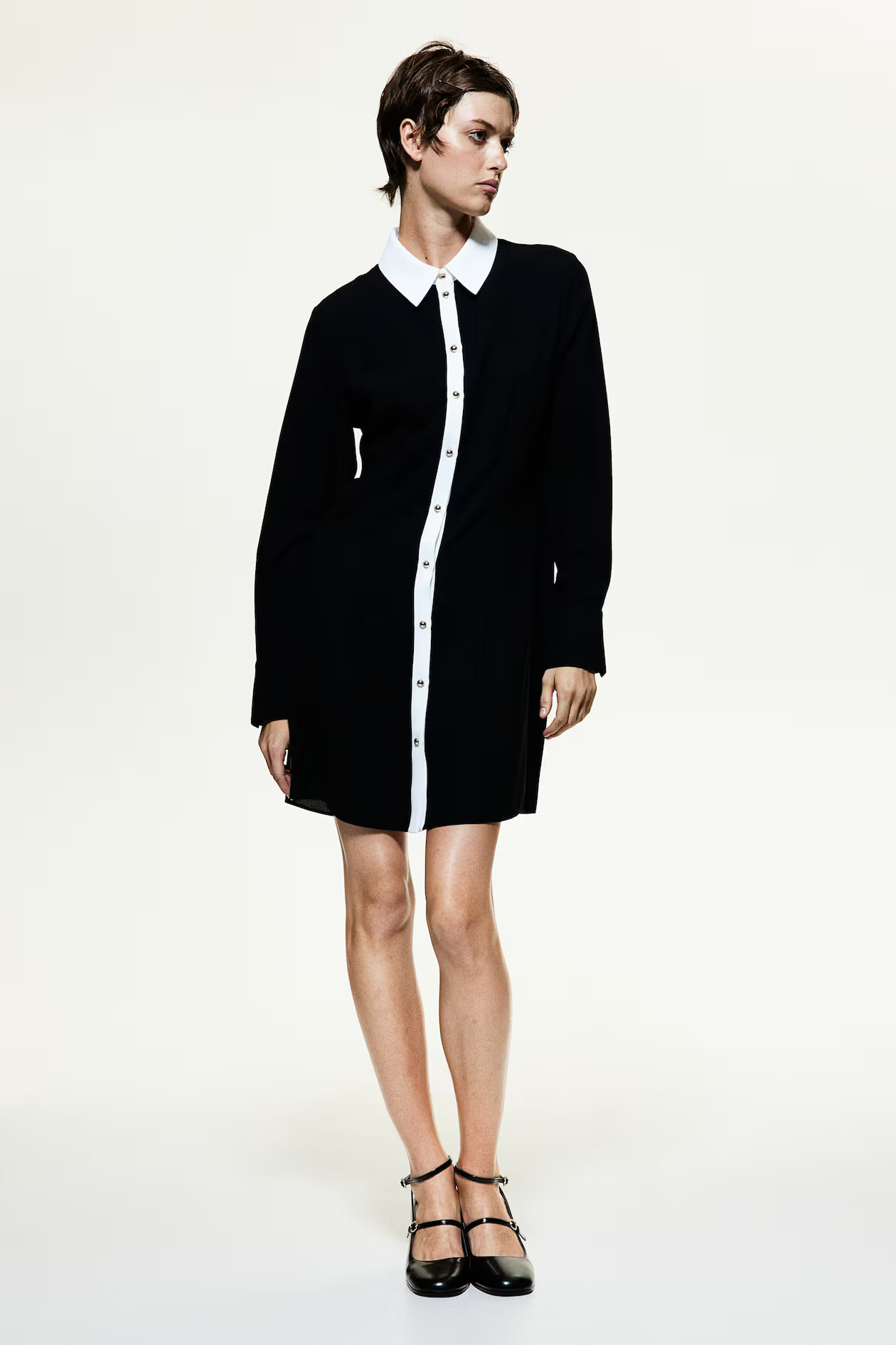 Collared button-front dress - Round neck - Long sleeve - Black/White - Ladies | H&M GB | H&M (UK, MY, IN, SG, PH, TW, HK)
