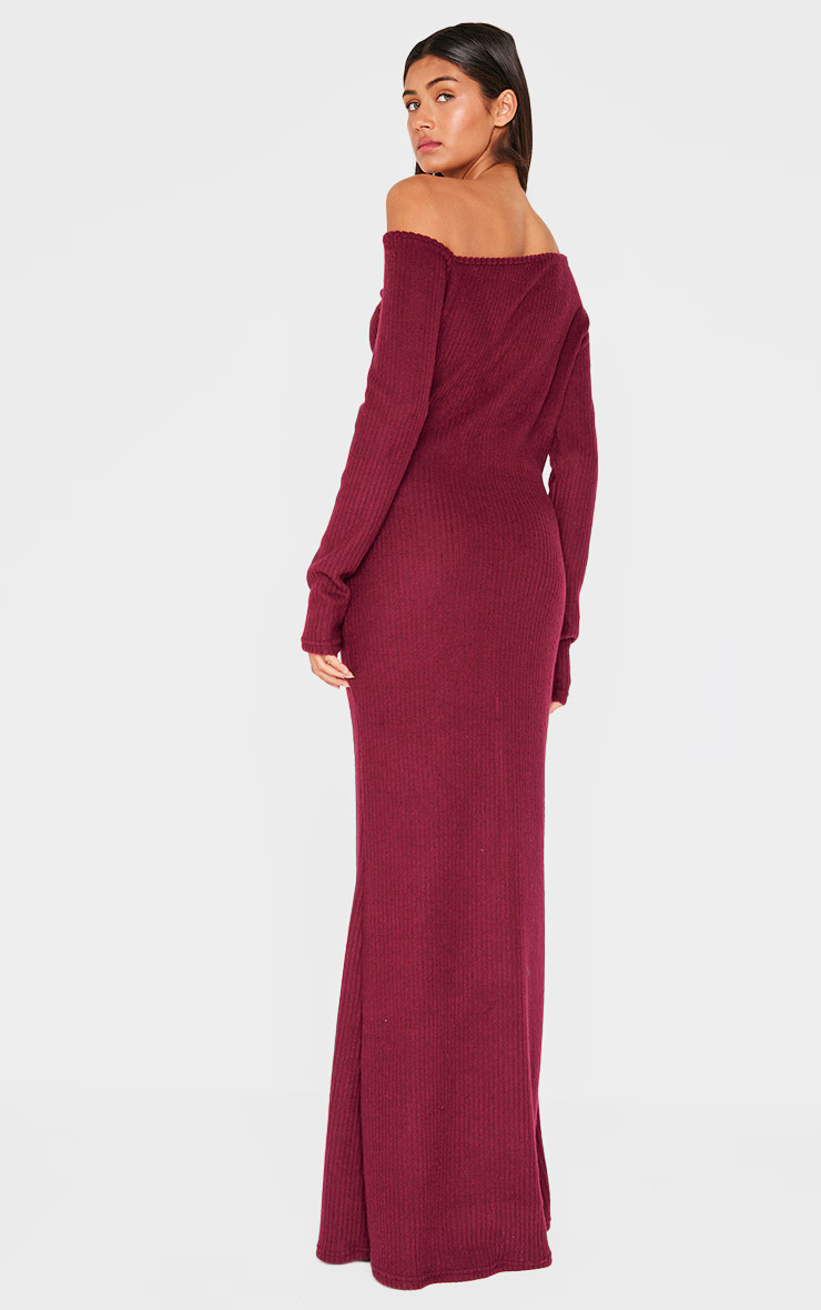 Burgundy Brushed Rib Asymmetric Maxi Dress | PrettyLittleThing US