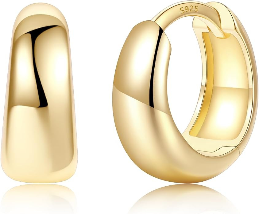 14K Gold Plated Chunky Hoop Earrings for Women, Small Thick Huggie Hoops with 925 Sterling Silver... | Amazon (US)