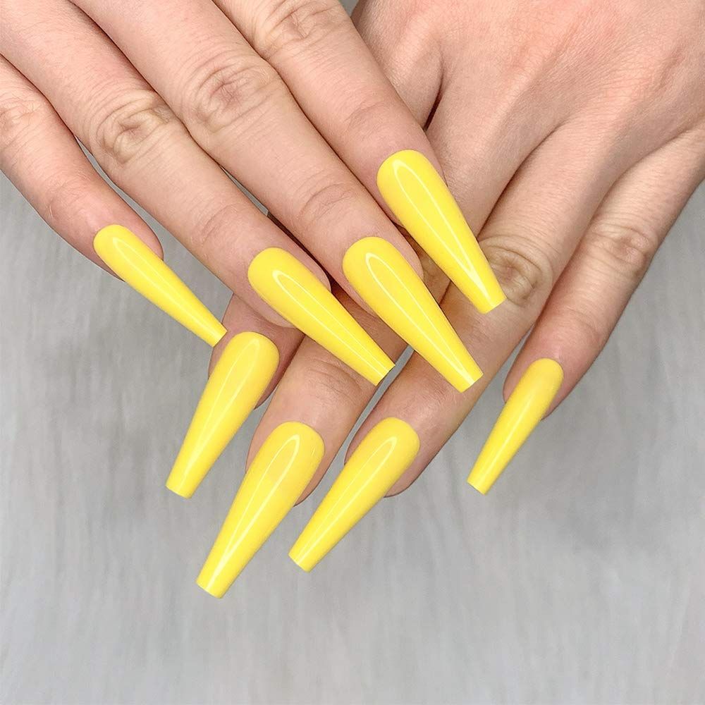 Artquee 24pcs Yellow Pure Color Ballerina Long Coffin Glossy Fake Nails Press on Nail False Tips ... | Amazon (US)