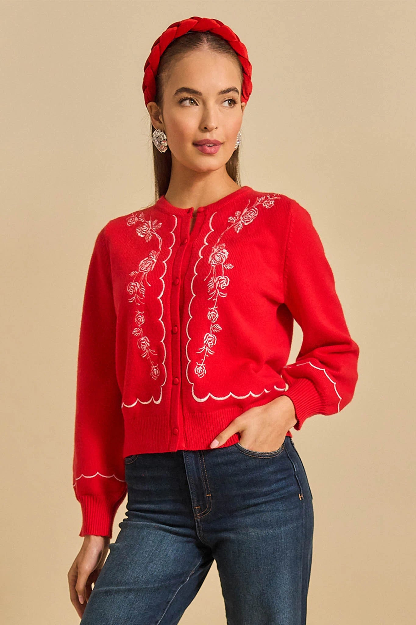 Ginger Red Embroidered Cardigan | Avara
