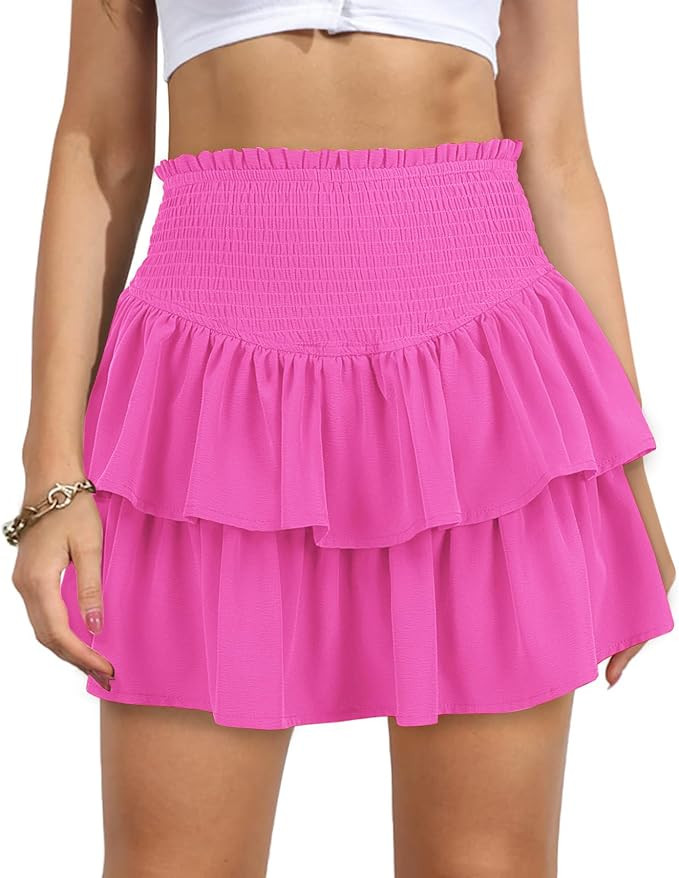 Women's High Waist Ruffle Mini Skirt Cute Tiered Short Skirt with Shorts Underneath | Amazon (US)