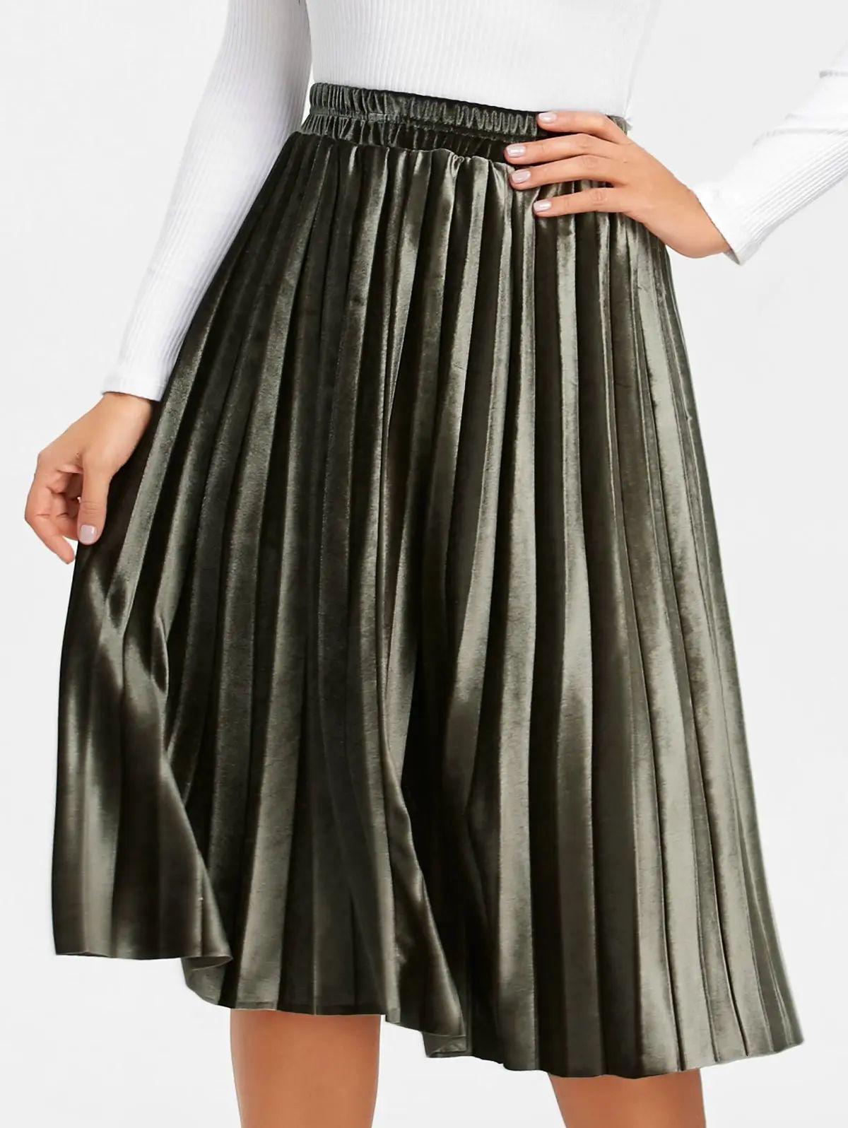 Velvet High Waisted Midi Pleated Skirt | Rosegal US