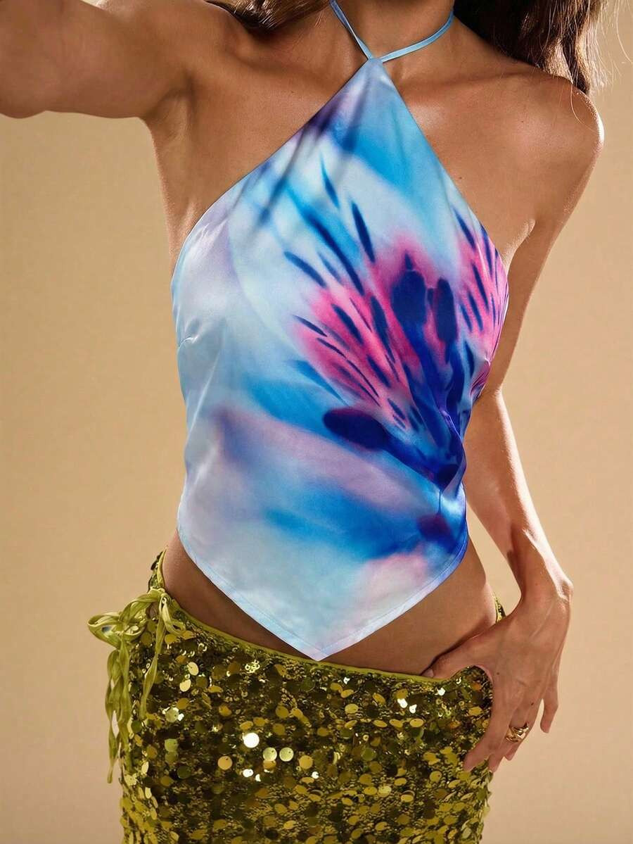 SHEIN BAE Women's Tie-Dye Print Asymmetric Hem Sexy Halter Neck Blouse | SHEIN