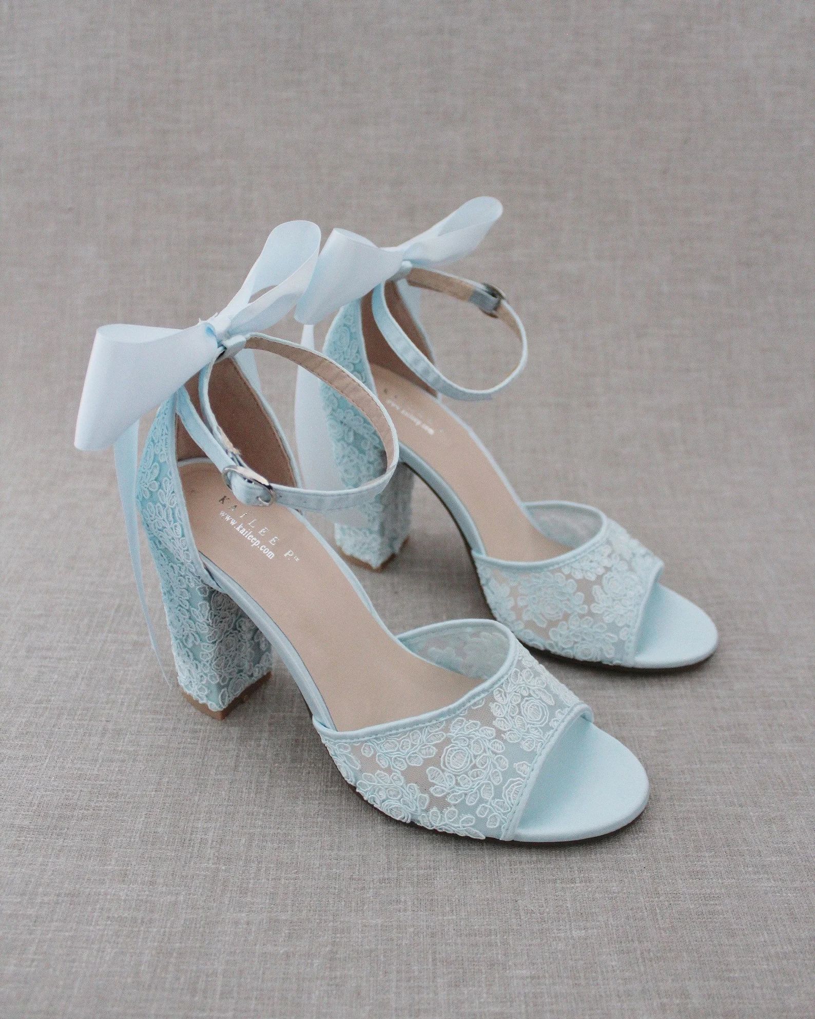 Light Blue Crochet Lace Block Heel Sandals With SATIN BACK BOW Women Wedding Shoes, Bridesmaids S... | Etsy (US)
