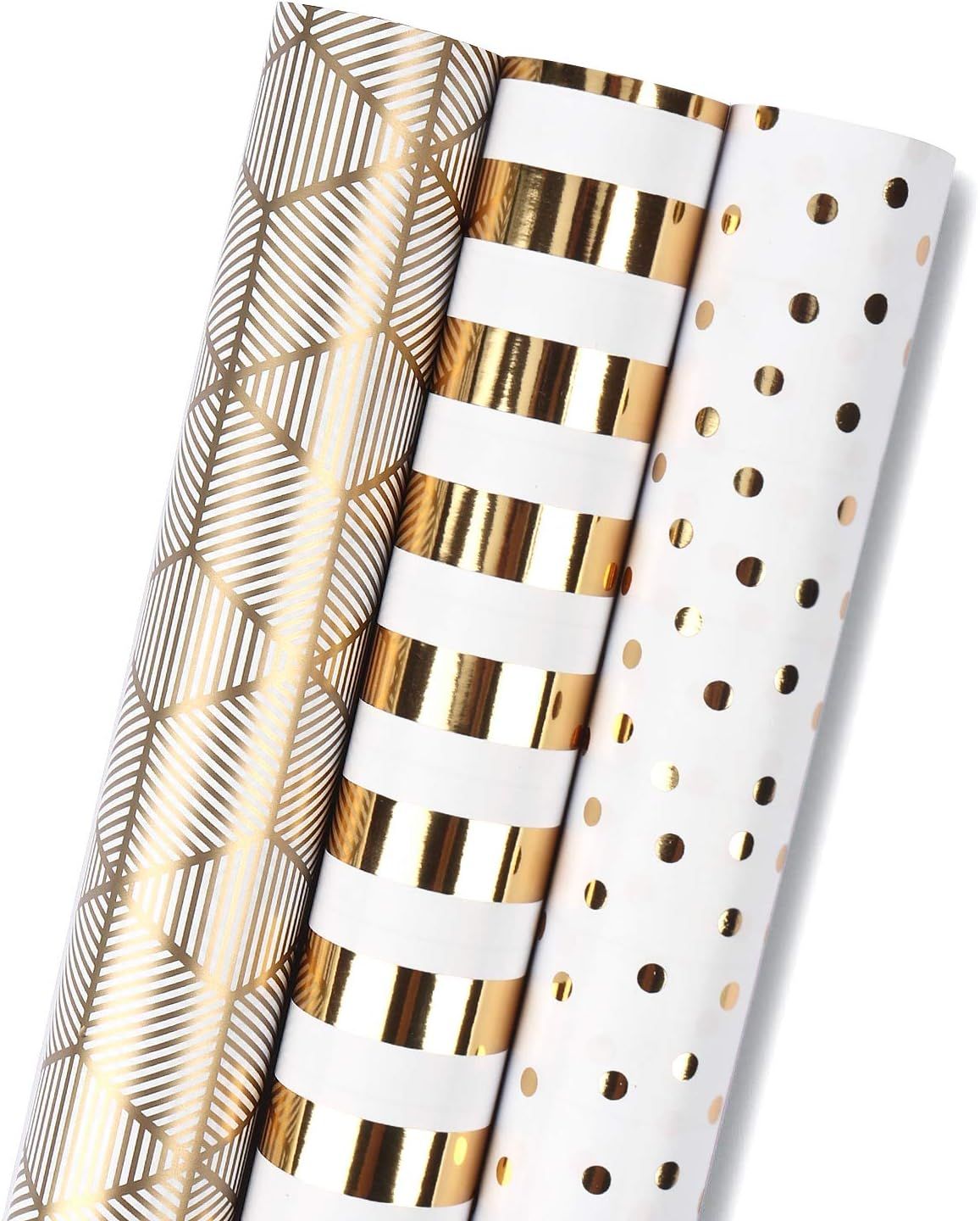 MAYPLUSS Wrapping Paper Roll - Mini Roll - 17 inch X 120 inch Per roll - White & Gold Foil Design... | Amazon (US)
