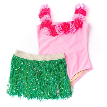 Light Pink Girls Hula Girl Lei One Piece & Fringe Skirt Swim Set 3-10 | Shade Critters