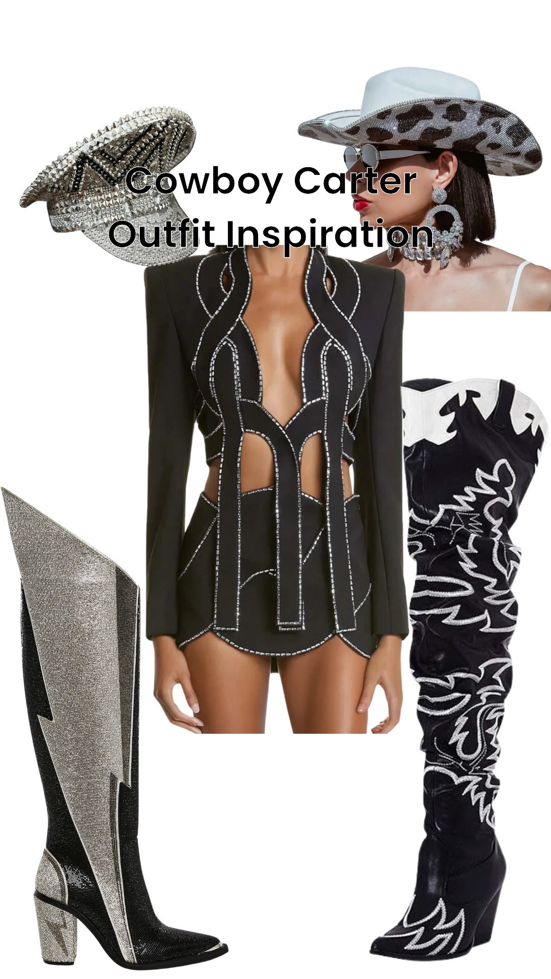 A more glam outfit idea for the Cowboy Carter concert. 
Search “Blake” on innovare denim & “Sheriff” on dolls kill for the boots. 