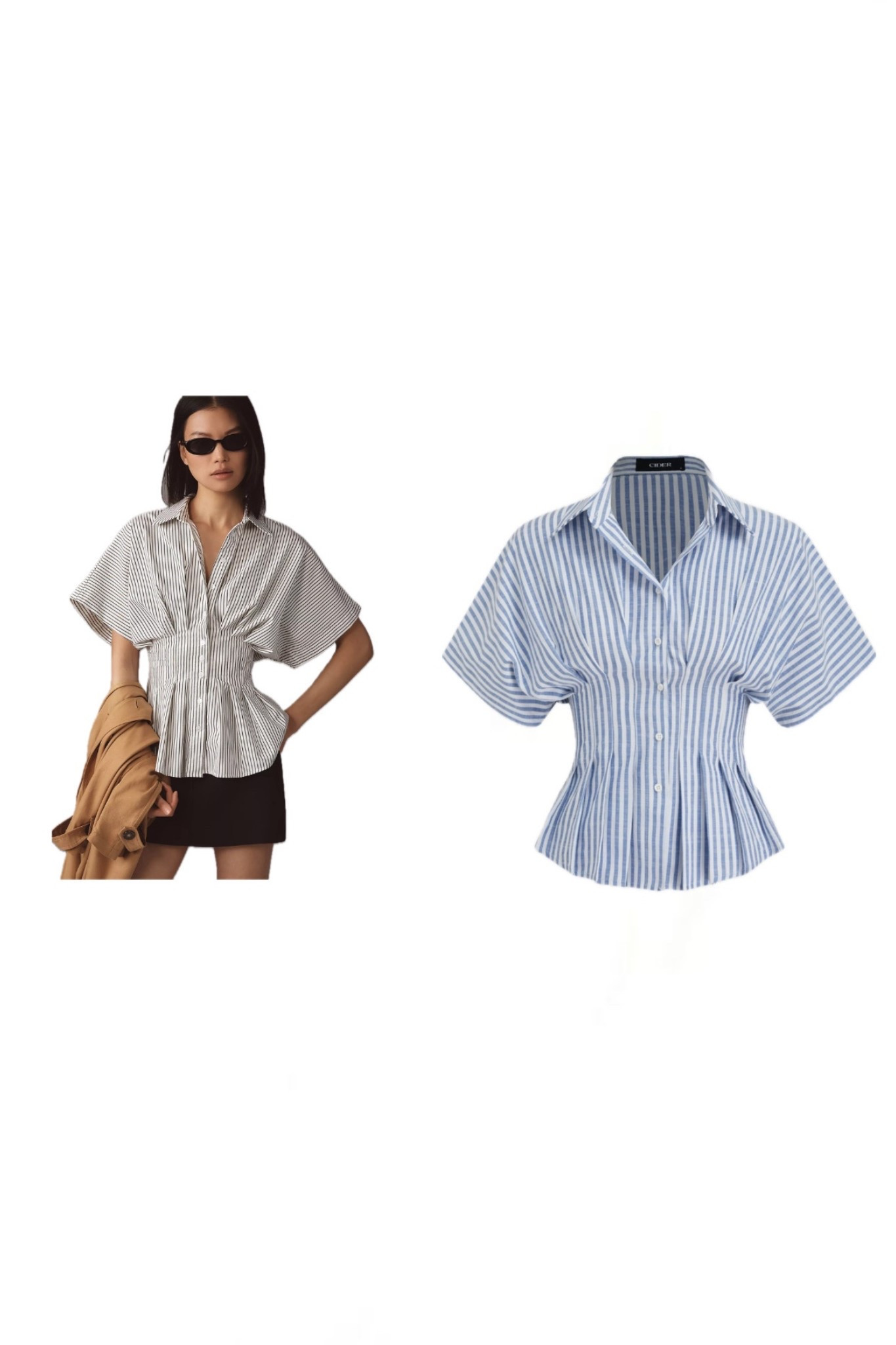 Left: Anthropologie The Tobie Short-Sleeve Pleated Blouse
Right: Cider Cinched Waist Shirt