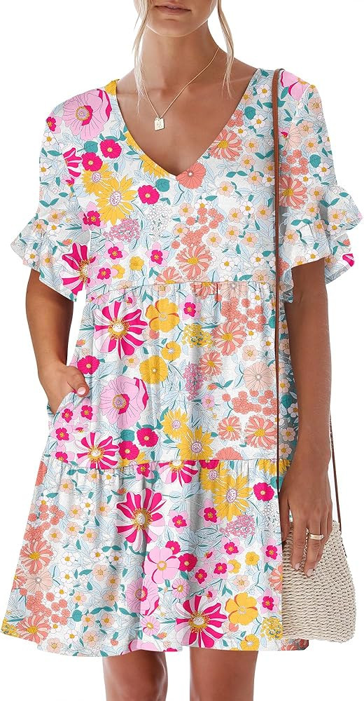 ANRABESS Dresses for Women Summer 2025 V Neck Ruffle Sleeve A Line Tiered Flowy Casual Trendy Min... | Amazon (US)