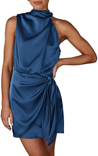 PRETTYGARDEN Women's Formal Short Satin Cocktail Dress | Sleeveless Mock Neck, Tie Waist, Asymmet... | Amazon (US)
