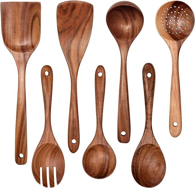 Wooden Non-Stick Kitchen Pan Toolset 7 Pieces Set,100% Natural Teak Kitchen Utensils Spatula, Woo... | Amazon (US)