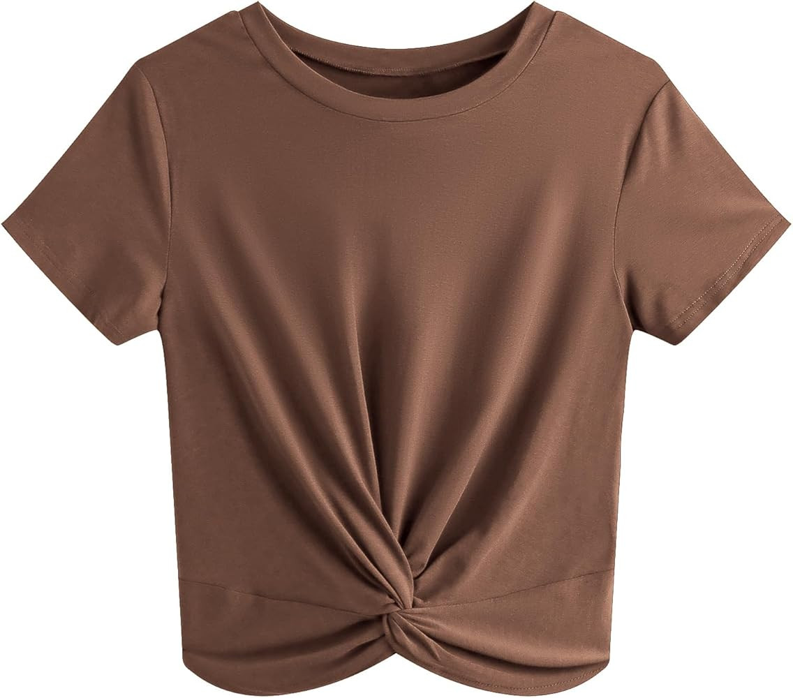 JINKESI Women's Summer Causal Short Sleeve Blouse Round Neck Crop Tops Twist Front Tee T-Shirt | Amazon (US)