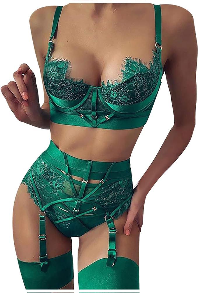 Sexy Lingerie for Women Lace Temptati Garter Belt 3 Piece Underwear Set | Amazon (US)