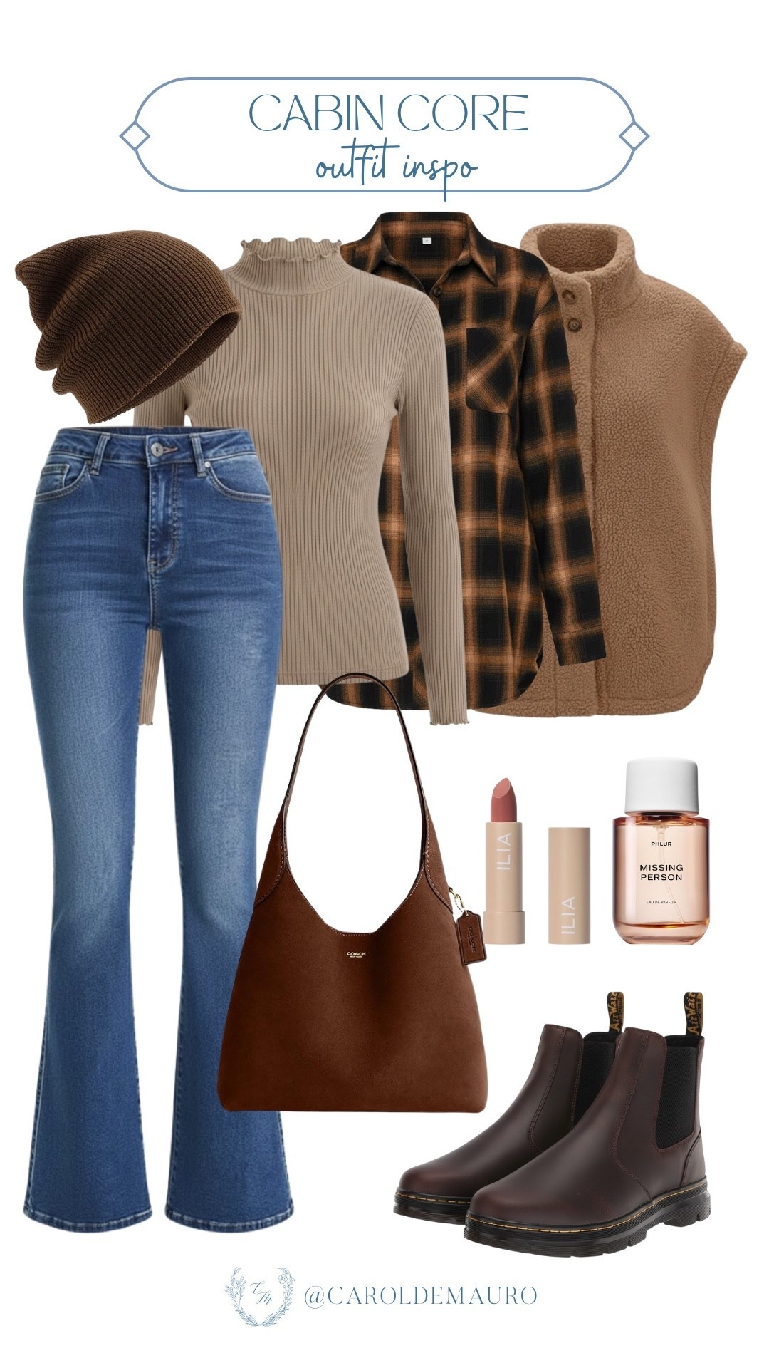 Create your ultimate outdoor aesthetic by pairing flared denim with a cozy trio of a mock neck sweater, flannel shirt, and fleece vest. You'll complete the look perfectly with sturdy Chelsea boots, a matching brown bag, and a touch of Ilia lip color.

amazon fashion, cabin core outfit, everyday wear, weekend vibes, cozy look, affordable style, winter accessories, brown hues

#LTKSeasonal #LTKU #LTKFindsUnder50