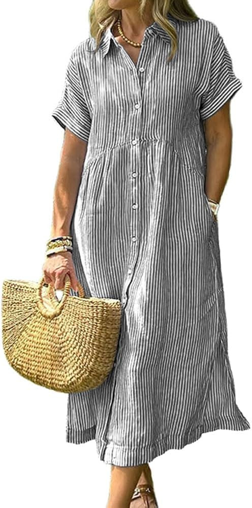 chouyatou Women's Summer Striped Midi Long Shirt Dress Casual Loose Short Sleeve Button Down Dres... | Amazon (US)