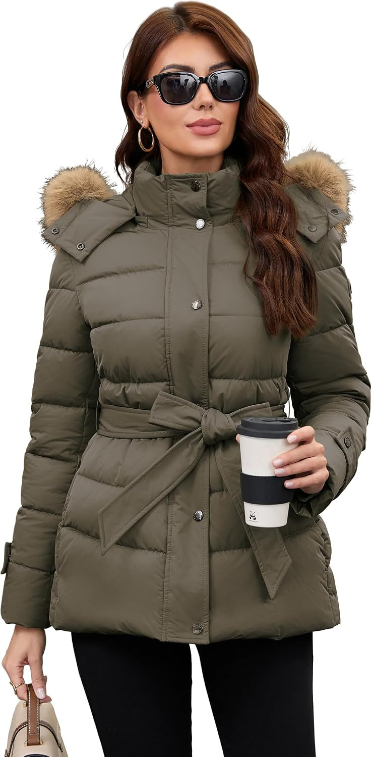 PAPILLON D'OR WEAR YOUR WINGS Women's Belted Mid-Length Puffer Coat - Detachable Faux Fur Collar Winter Jacket | Amazon (US)