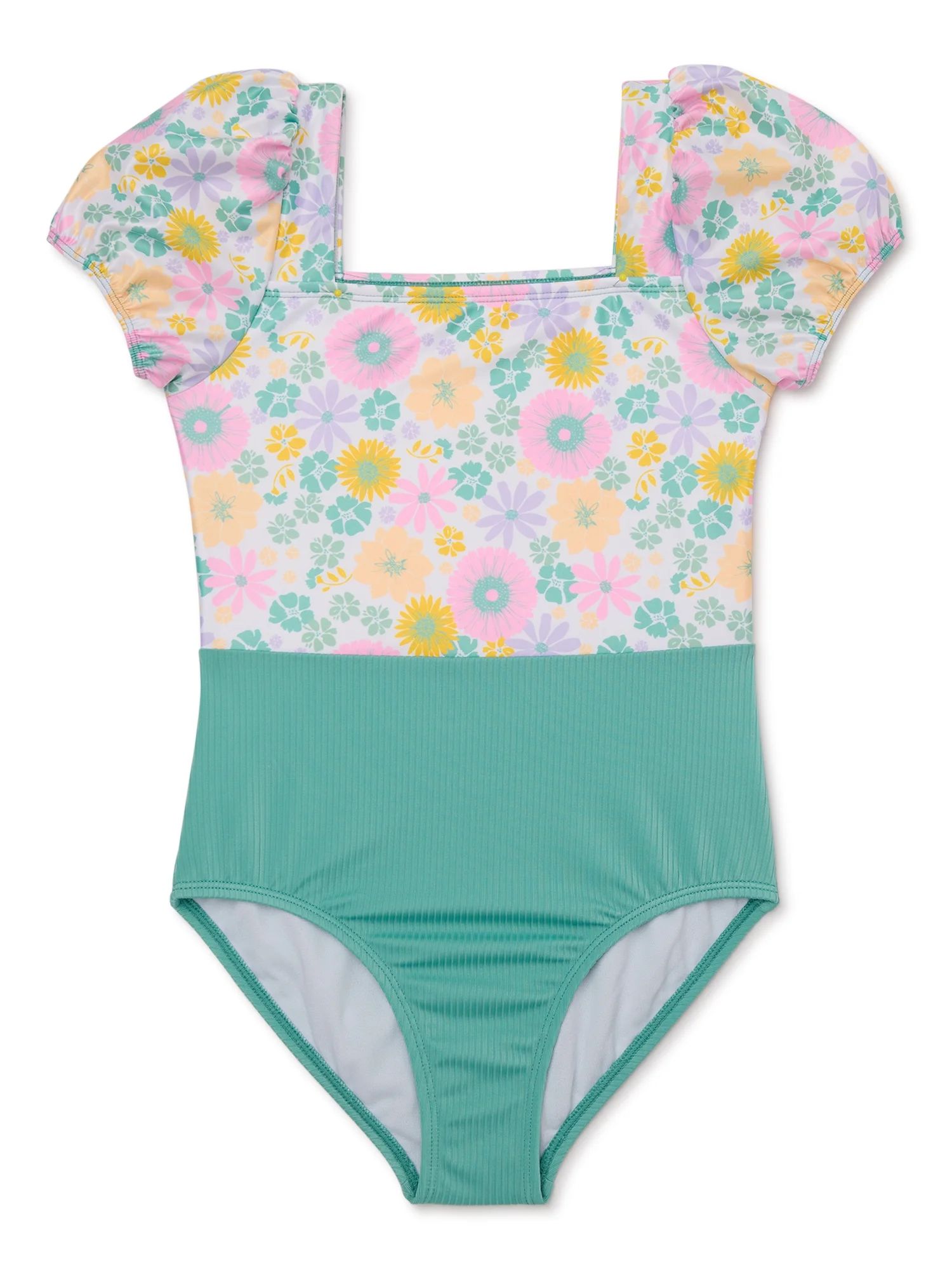 Wonder Nation Girls Puff Sleeve Swimsuit, 1-Piece, Sizes 4-18 & Plus | Walmart (US)