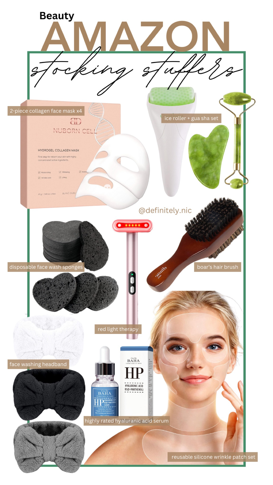 Amazon beauty stocking stuffers. 

Collagen facemask, ice roller + gua sha set, heart shaped disposable face wash sponges, boars hair brush, LED red light therapy wand, silicone wrinkle patches, dash wash headbands, hyaluronic acid serum, etc. 

#LTKHoliday #LTKfindsunder50 #LTKGiftGuide