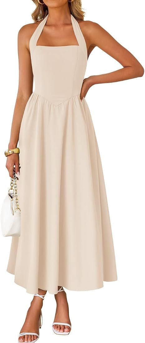 ZESICA Women's Summer Sleeveless Halter Wedding Guest Maxi Dress | Off Shoulder, High Waist, Flow... | Amazon (US)