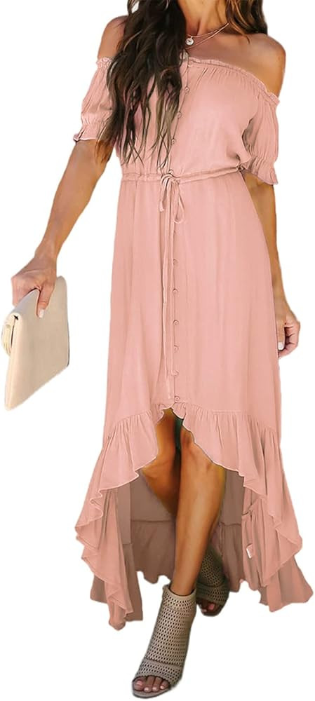 Happy Sailed Women Off Shoulder Casual Maxi Dresses Short Sleeve High Low Ruffle Bridesmaid Evening  | Amazon (US)