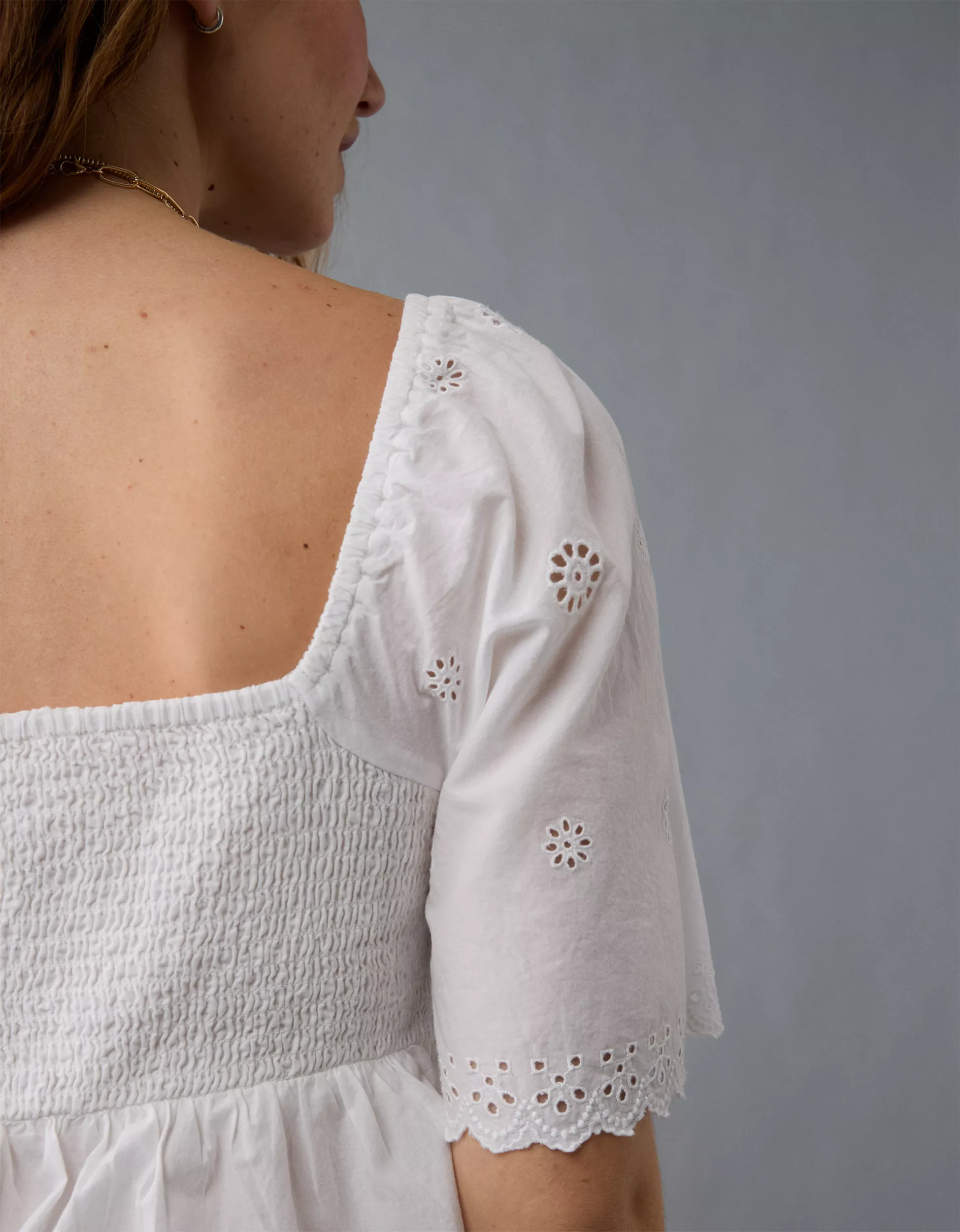 AE Flutter Sleeve Eyelet Babydoll Blouse | American Eagle Outfitters (US & CA)