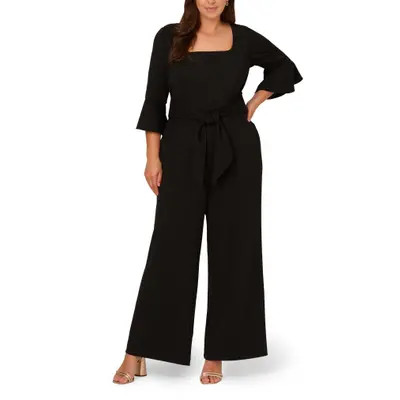 Adrianna Papell Tie Front Wide Leg Crepe Jumpsuit in Black at Nordstrom, Size 16W | Nordstrom