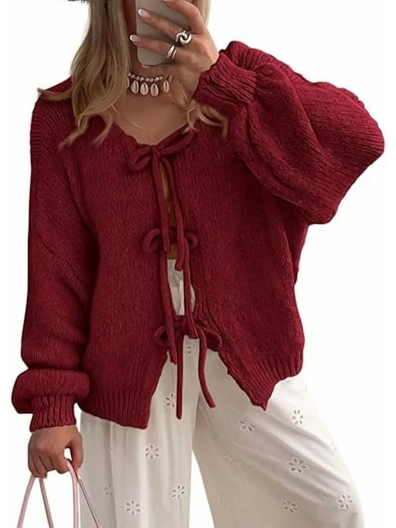 PRETTYGARDEN Women's Tie Front Bow Cardigan Sweaters Chunky Knit Long Puff Sleeve Trendy Fall Win... | Walmart (US)