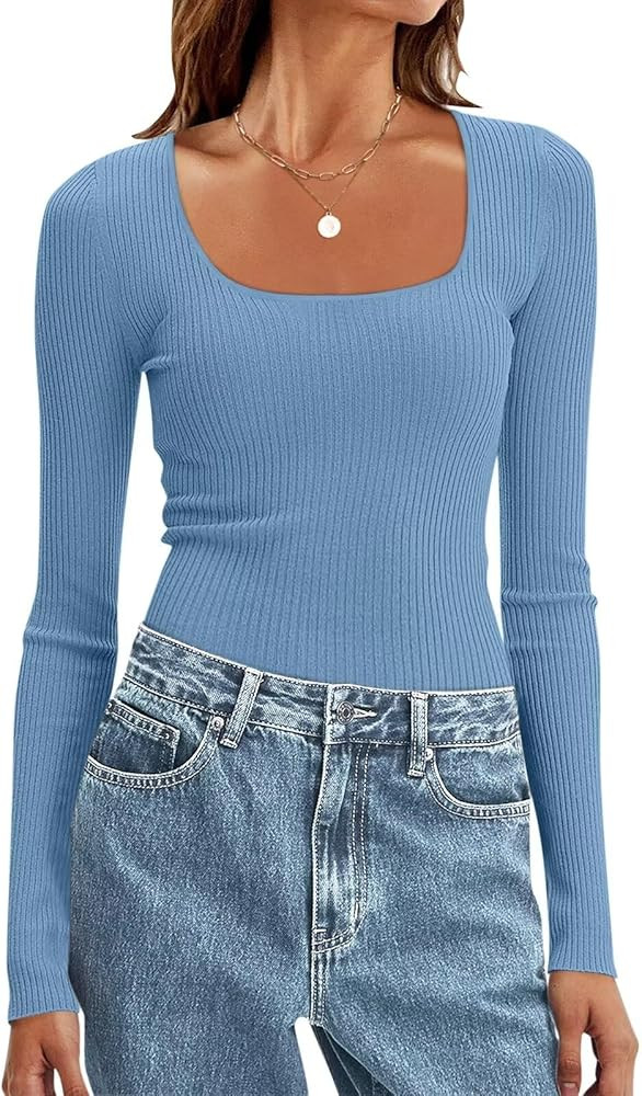 Women Ribbed Square Neck Long Sleeve Pullover Sweaters Knit Fitted Basic T Shirts | Amazon (US)