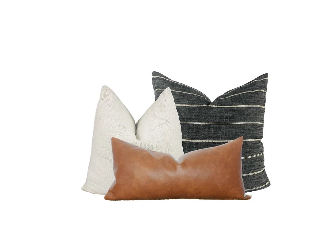 Pillow Set Combo Grey Stripe Cream Faux Leather Rust 3 Pillow Covers Sofa Decorative Pillow Cover... | Etsy (US)