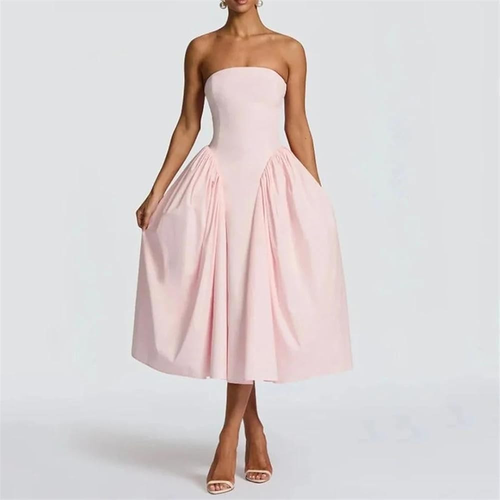 Women Prom Party Midi Strapless Sleeveless High Waist Slimming Elegant Retro Puff Dress | Amazon (US)