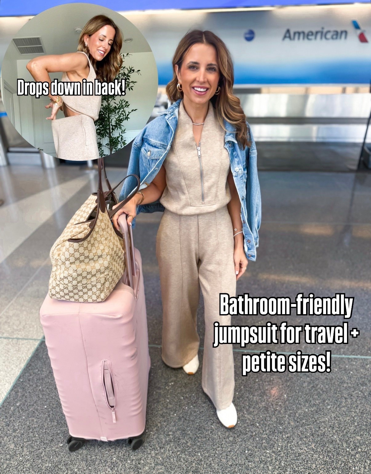 My travel outfit of the day! Airport outfit. Elevated casual. I love this bathroom-friendly travel jumpsuit! Code LISAMARIEXSPANX on first time purchases. Has an open-back so you can use the restroom. Slouchy denim jacket in XXS petite. Tory Burch field sneakers - I went up half a size. Beis luggage set with matching covers. Gucci Mercato tote in size large.

#LTKootd #LTKgrwm #LTKTravel