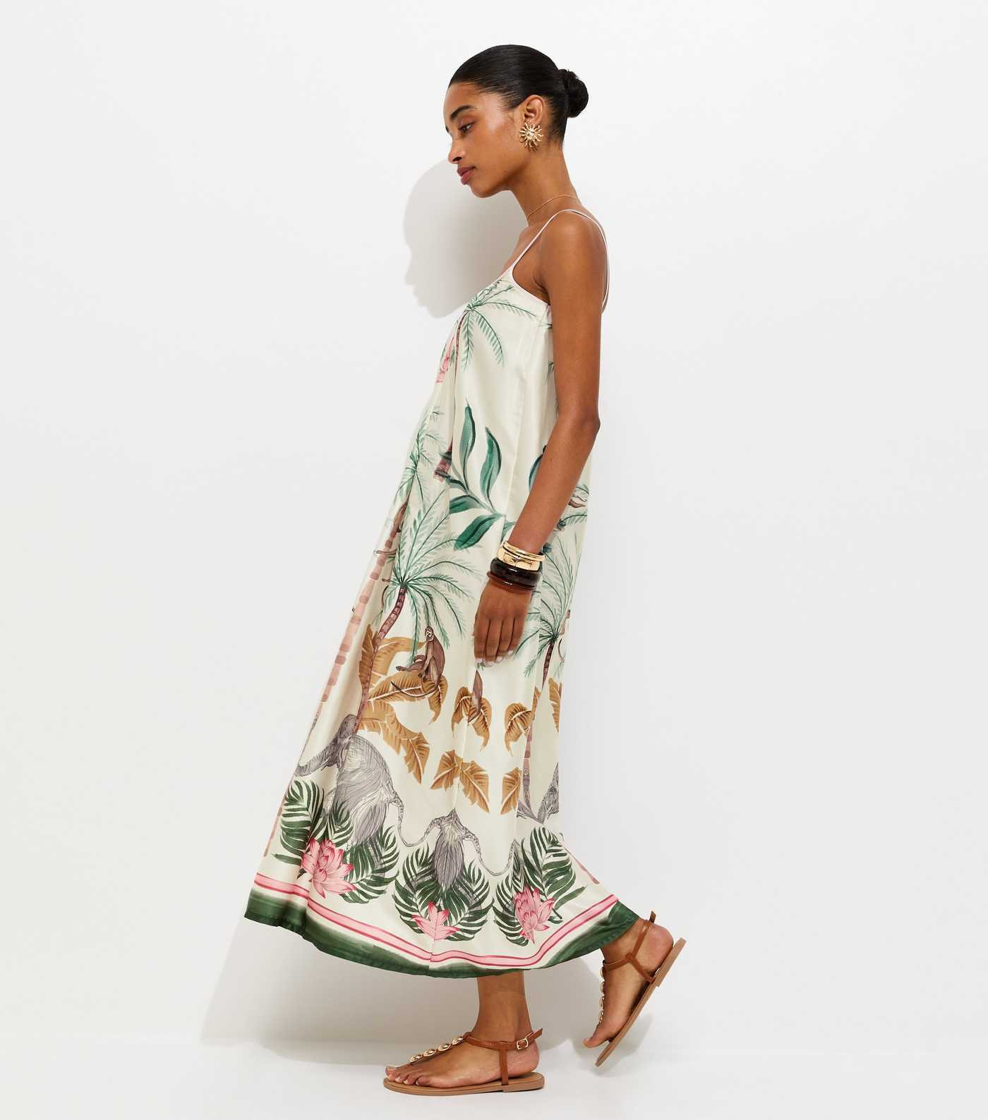 White Tropical Print Strappy Satin Midi Dress | New Look | New Look (UK)