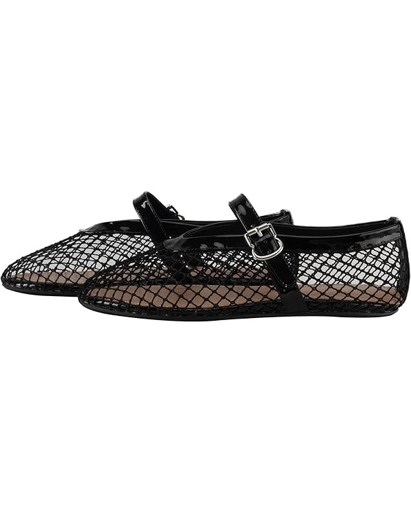 Women's Mesh Ballet Flats,Fishnet Ballerina Buckle Strap Shoes,Mary Jane Flats Casual Comfortable... | Amazon (US)
