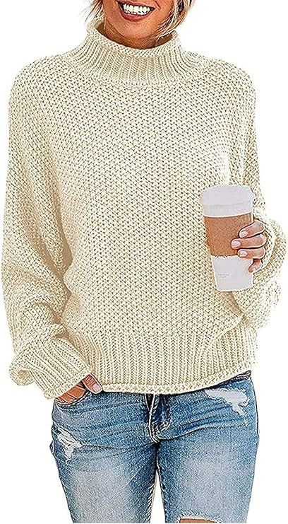 DRESSMECB Womens Loose Turtleneck Batwing Sleeve Oversized Chunky Knitted Pullover Sweater Tops | Amazon (US)