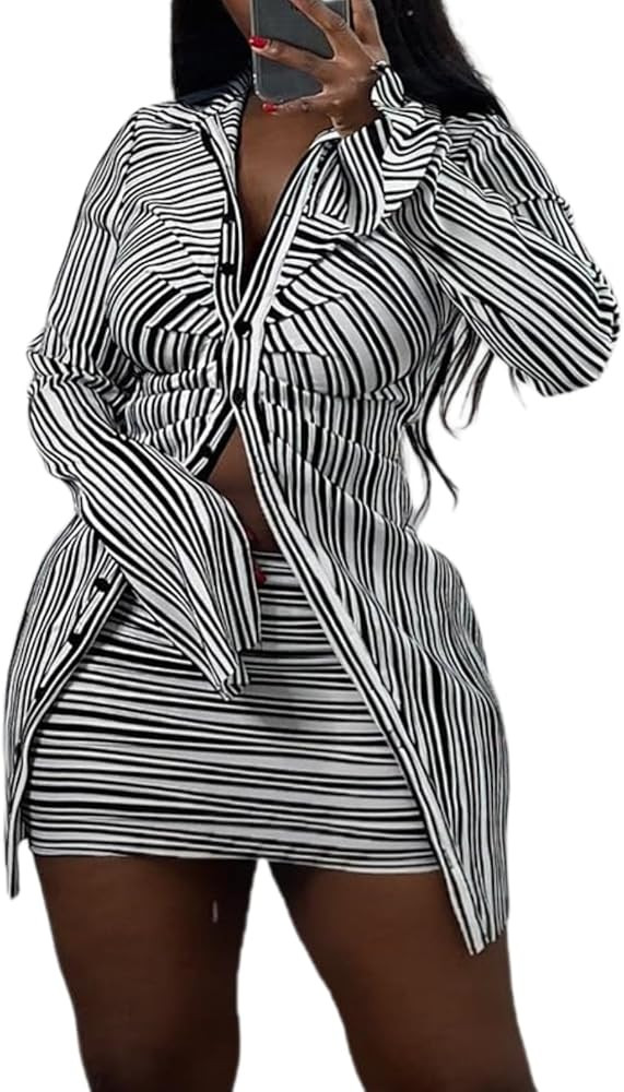 ksotutm Women's 2 Piece Outfits Black and White Striped Skirt Set Long Sleeve Button Blouse and S... | Amazon (US)