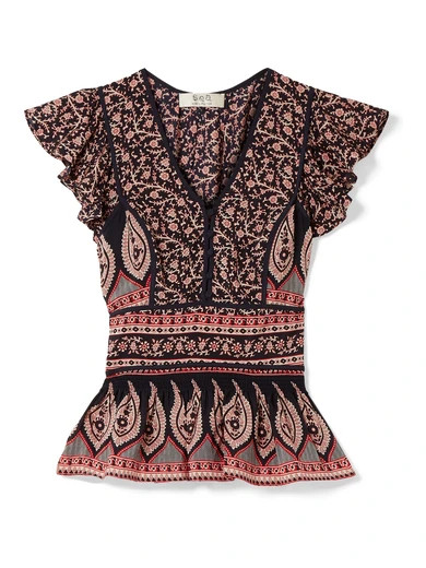 SEA - Aurora Ruffled Printed Silk-georgette Peplum Top - Navy | NET-A-PORTER (US)