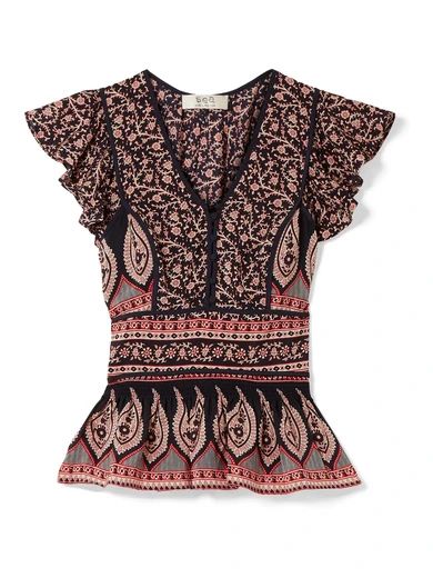 SEA - Aurora Ruffled Printed Silk-georgette Peplum Top - Navy | NET-A-PORTER (US)