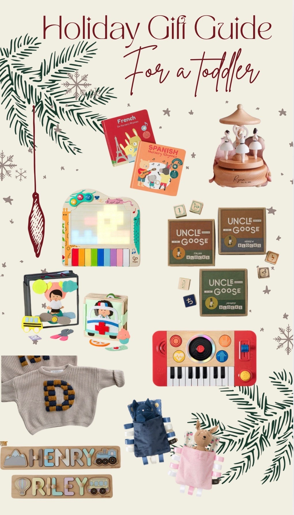 Gift guide for a toddler! 

Language of your choice nursery rhyme, personalized wooden music player, language of your choice learning blocks, light up piano, career busy book, DJ mix table, knit initial sweater, name puzzle, bedtime routine pals! 

Gift guide | Christmas gifts | gift ideas for a toddler | kids toys | 
Follow @mimipluswill for more! 

#LTKGiftGuide #LTKHoliday #LTKKids