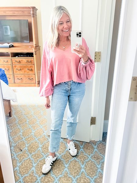 Free people pink top with straight leg jeans and samba sneakers. XS top and 2/26 jeans. I got a 6 in the sambas and I’m a women’s 8. Casual spring outfit ideas 

#LTKfindsunder50 #LTKsalealert #LTKSeasonal