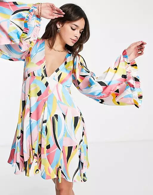 ASOS DESIGN mini smock dress with godets and flared sleeves in swirl print | ASOS | ASOS (Global)