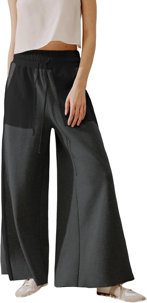 Women's Wide Leg Pants High Waisted Casual Flowy Pants Patchwork Two-Tone Color Block Drawstring ... | Amazon (US)