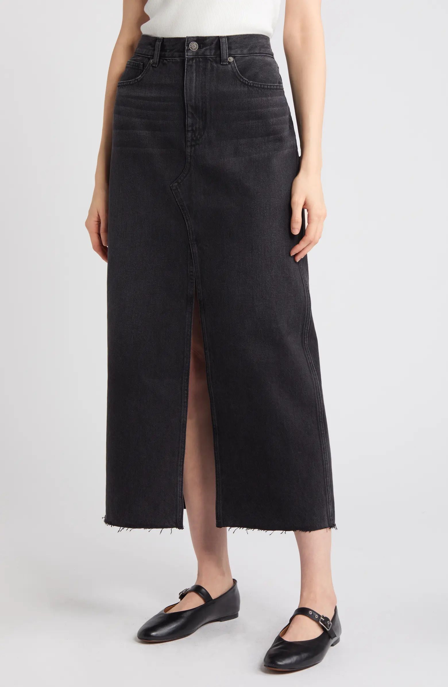 Madewell Raw Hem Mid Rise Denim Midi Skirt | Nordstrom | Nordstrom