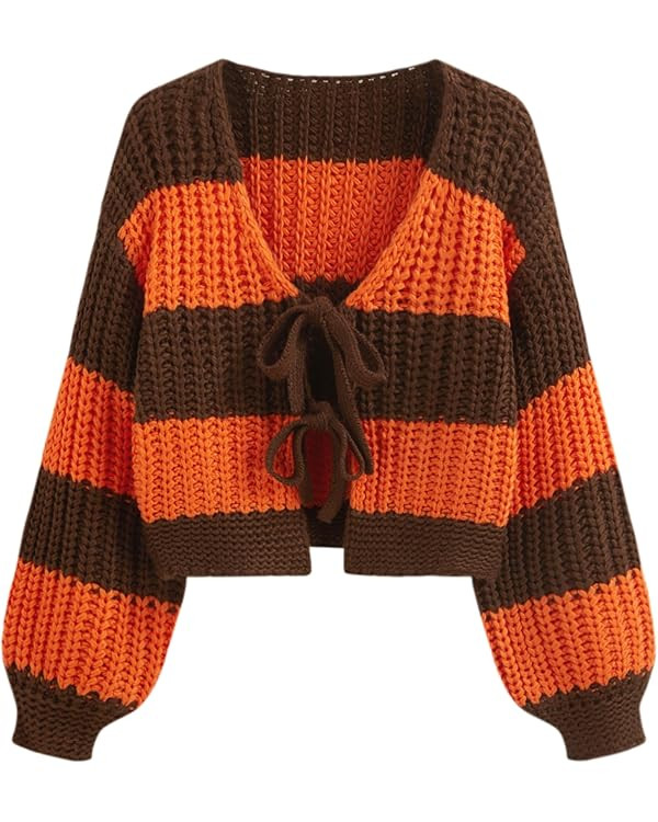 CIDER Striped Sweater Women V Neck Tie Front Knit Cardigan Oversized Trendy Sweaters for Women Fa... | Amazon (US)